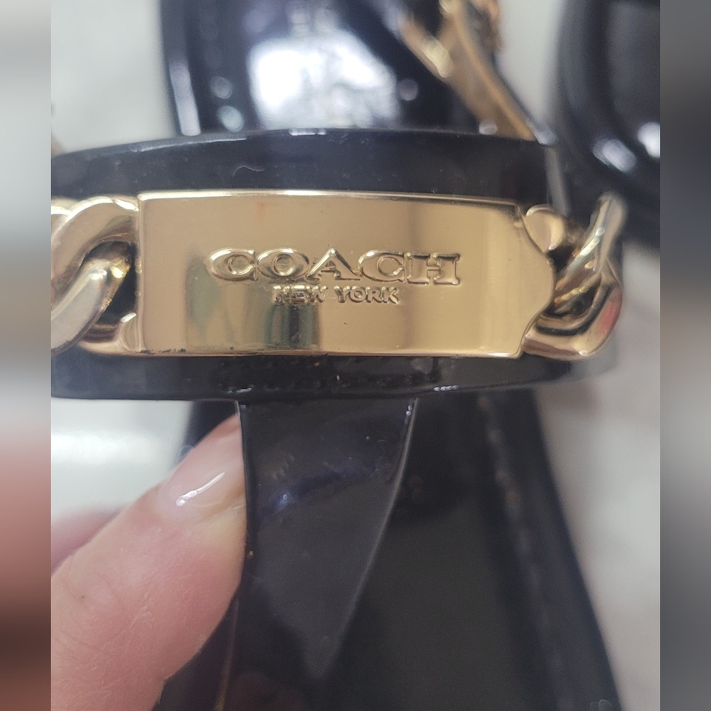 Coach Black Patent Leather T-Strap Sandals with Gold Plaque - Picture 6 of 10